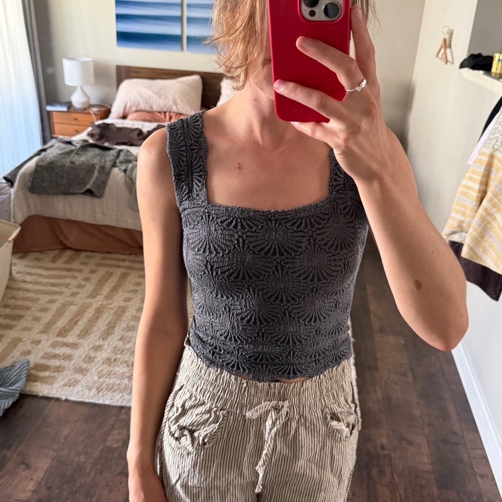 Free People Charcoal Textured Square-Neck Cropped Tank